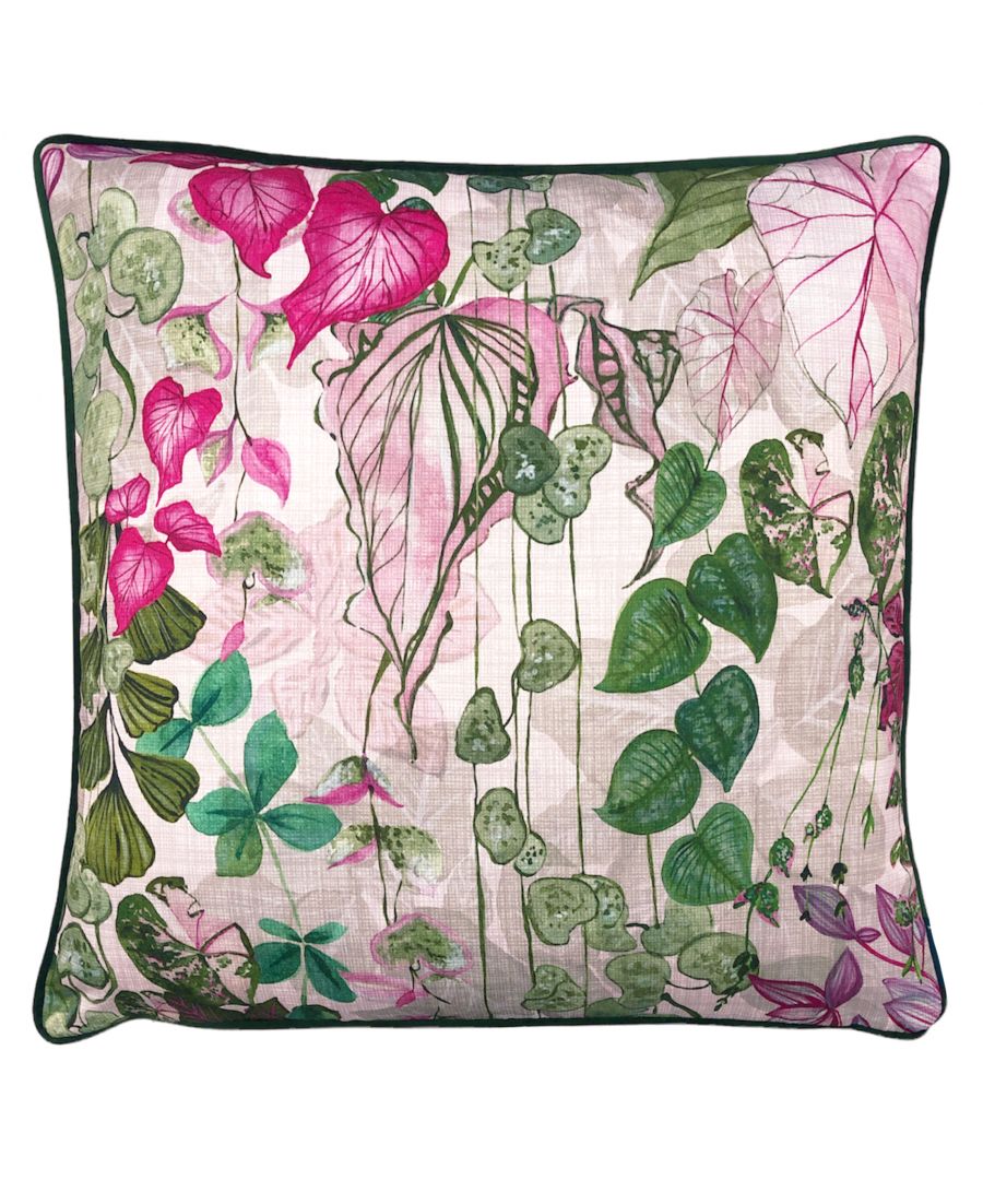 Blush botanical cushion featuring vibrant green and pink leaf patterns on a textured fabric, bordered with a dark trim, perfect for adding a touch of nature to any space.