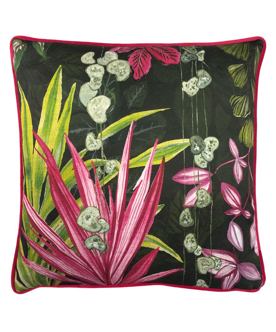 Pink and green botanical cushion featuring vibrant tropical leaves and plants on a dark background, trimmed with a bright pink border.