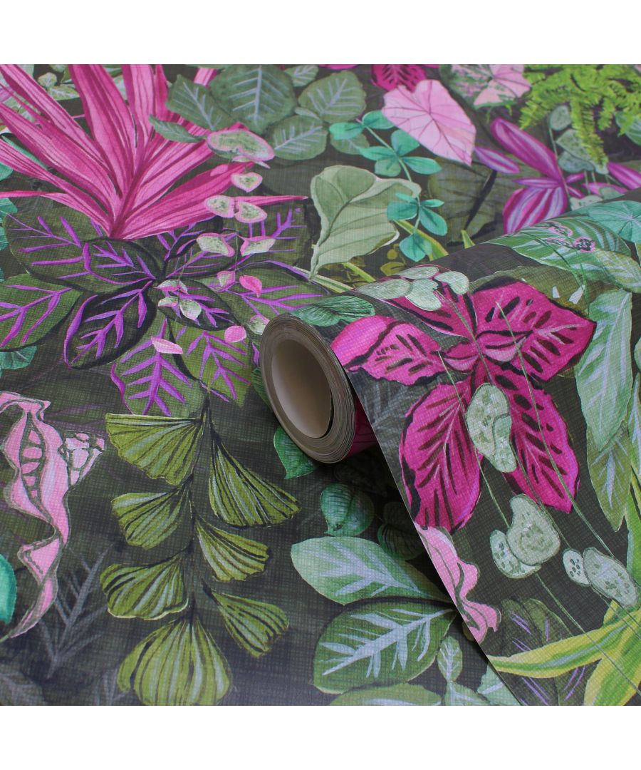Vibrant pink and green floral wallpaper featuring large tropical leaves and flowers on a dark background, showcasing a digitally printed design with a textured finish.