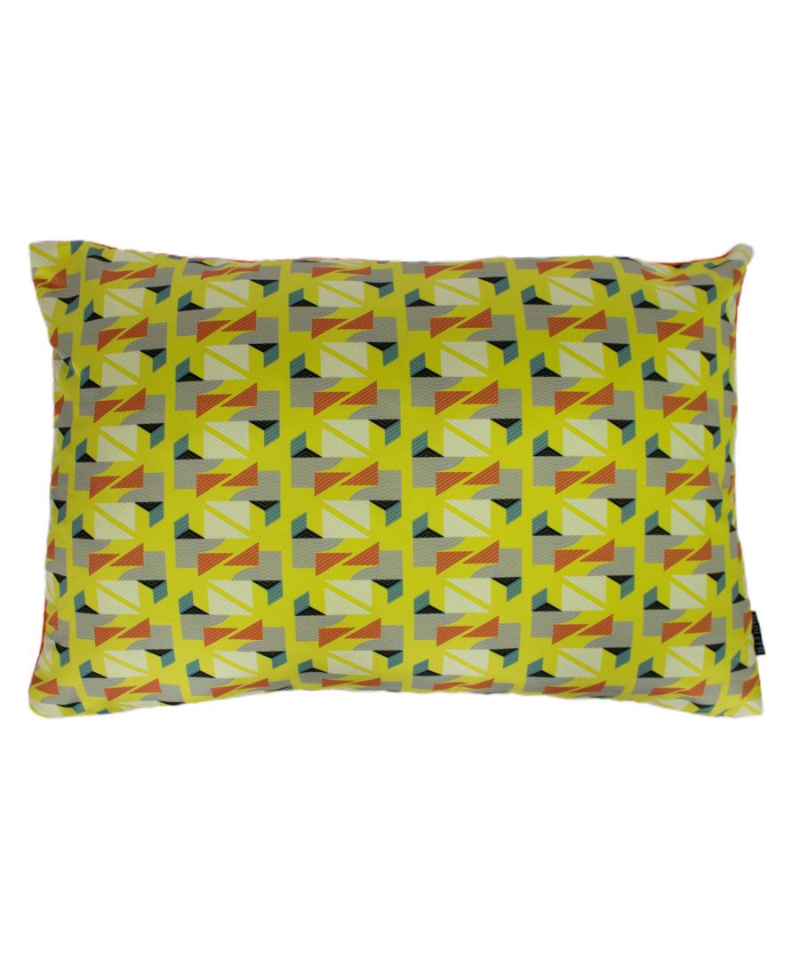 Yellow viscose cushion featuring a geometric pattern in blue, red, and orange, measuring 40x60 cm, designed by Paoletti.