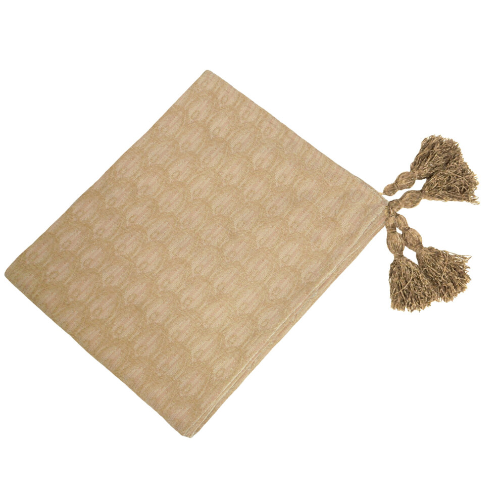 Natural-colored Paoletti Woburn throw featuring a textured pattern and decorative tassels at one corner, made from soft, cozy material.