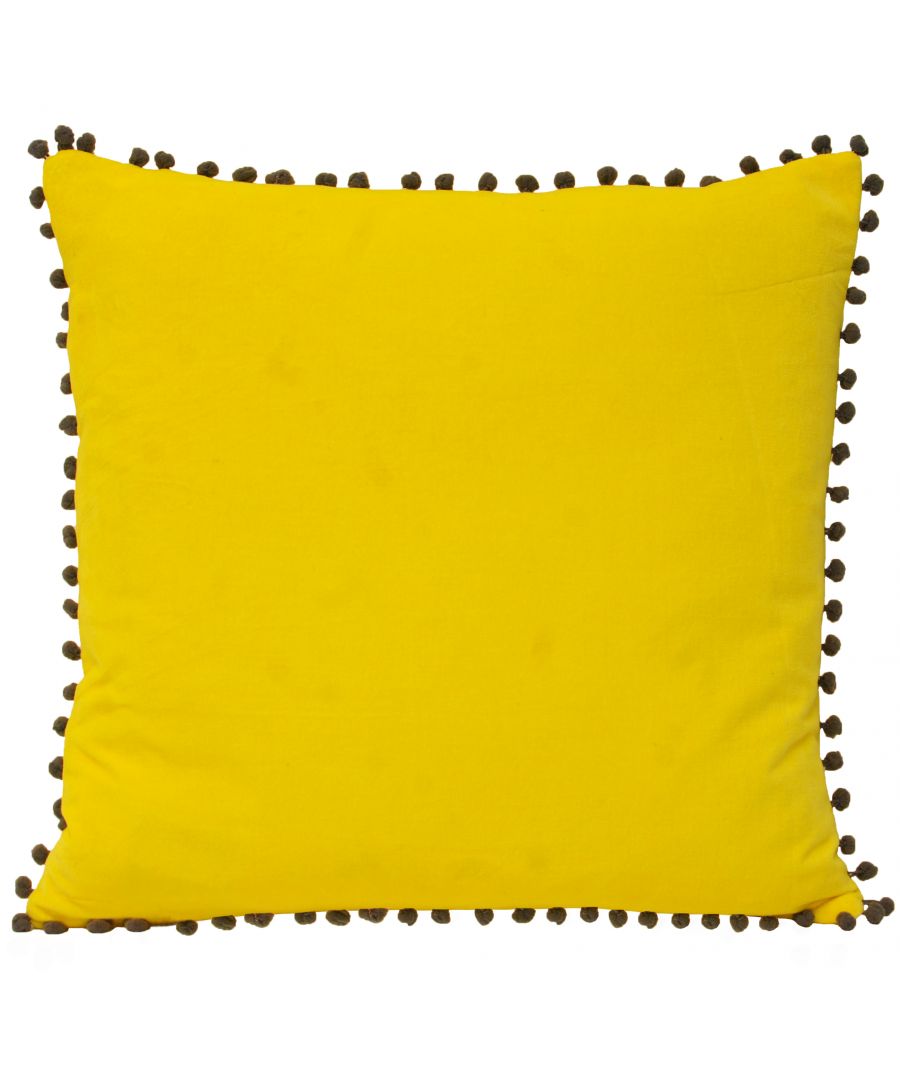 Bright yellow velvet cushion measuring 45cm x 45cm, featuring a decorative pom pom trim in a contrasting dark brown color.