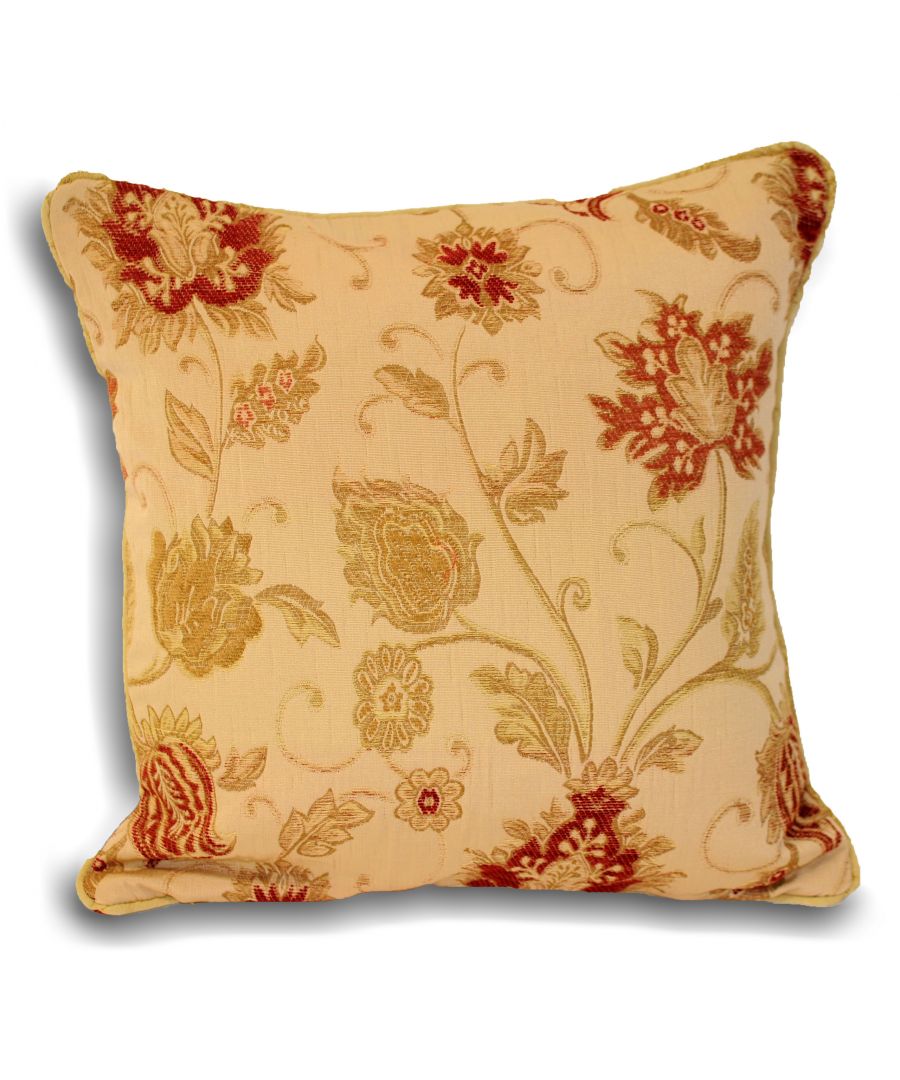 Natural floral jacquard cushion featuring intricate red and gold patterns on a beige background, measuring 55cm x 55cm, with a soft fabric finish.