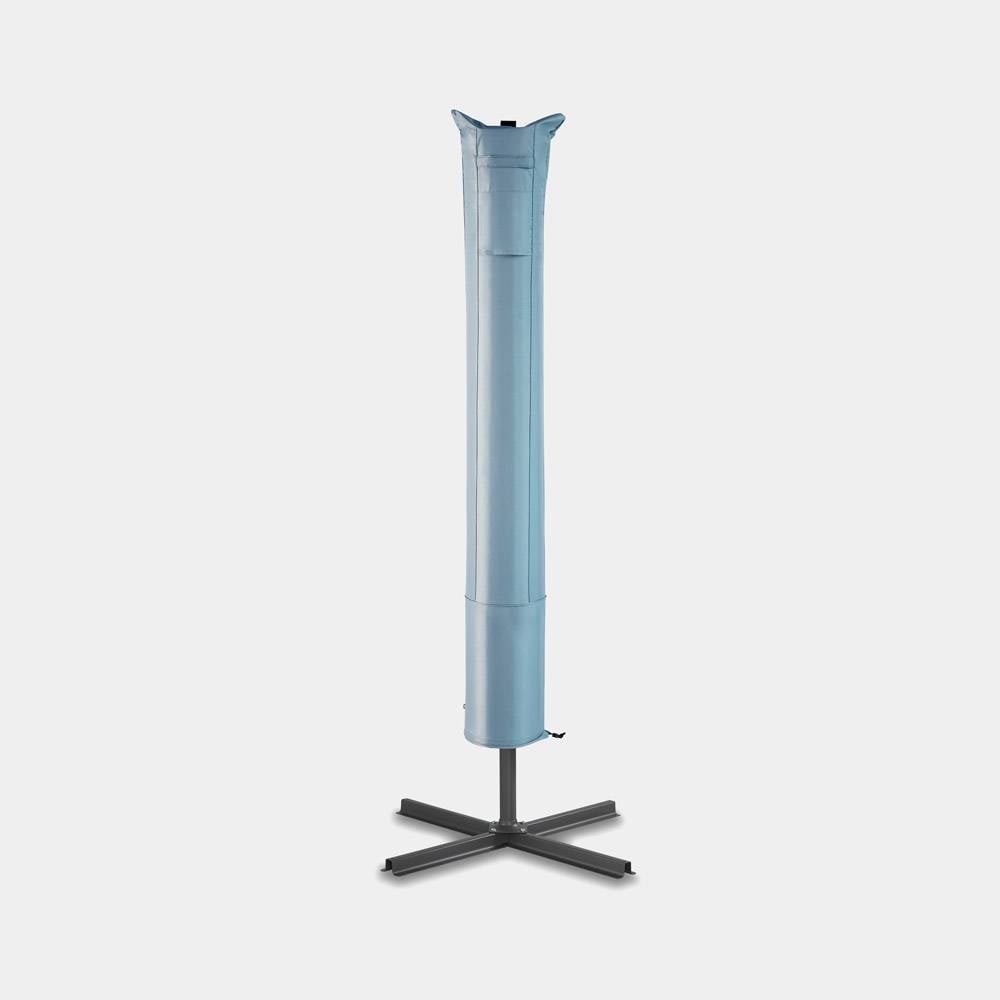 Light blue parasol cover made of durable material, measuring 190cm in length and 38cm in width, featuring a zip closure and a sturdy base for stability.