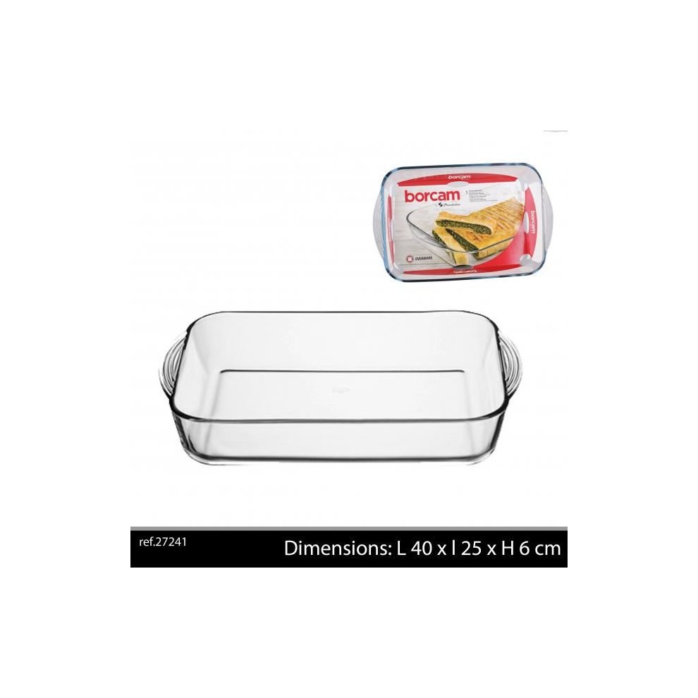 Clear rectangular Borcam glass roasting dish measuring 40x25x6 cm, featuring sturdy handles and a smooth surface, ideal for baking and serving.