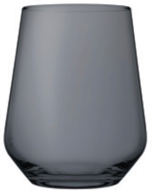 Set of three 42cl Allegra glasses by Pasabahce, featuring a sleek, modern design with a smoky gray color and a tapered shape, made of durable glass.