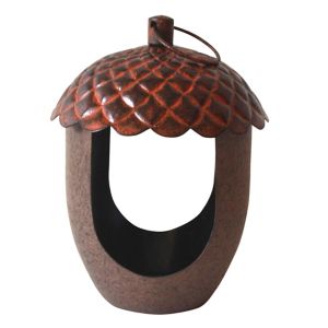 A brown acorn-shaped bird feeder with a textured, reddish-brown lid and a hollow center for holding treats, featuring a small handle for hanging.