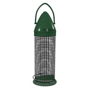Green plastic peanut bird feeder with a click-top design, featuring a cylindrical wire mesh body and a sturdy hanging handle for easy installation.