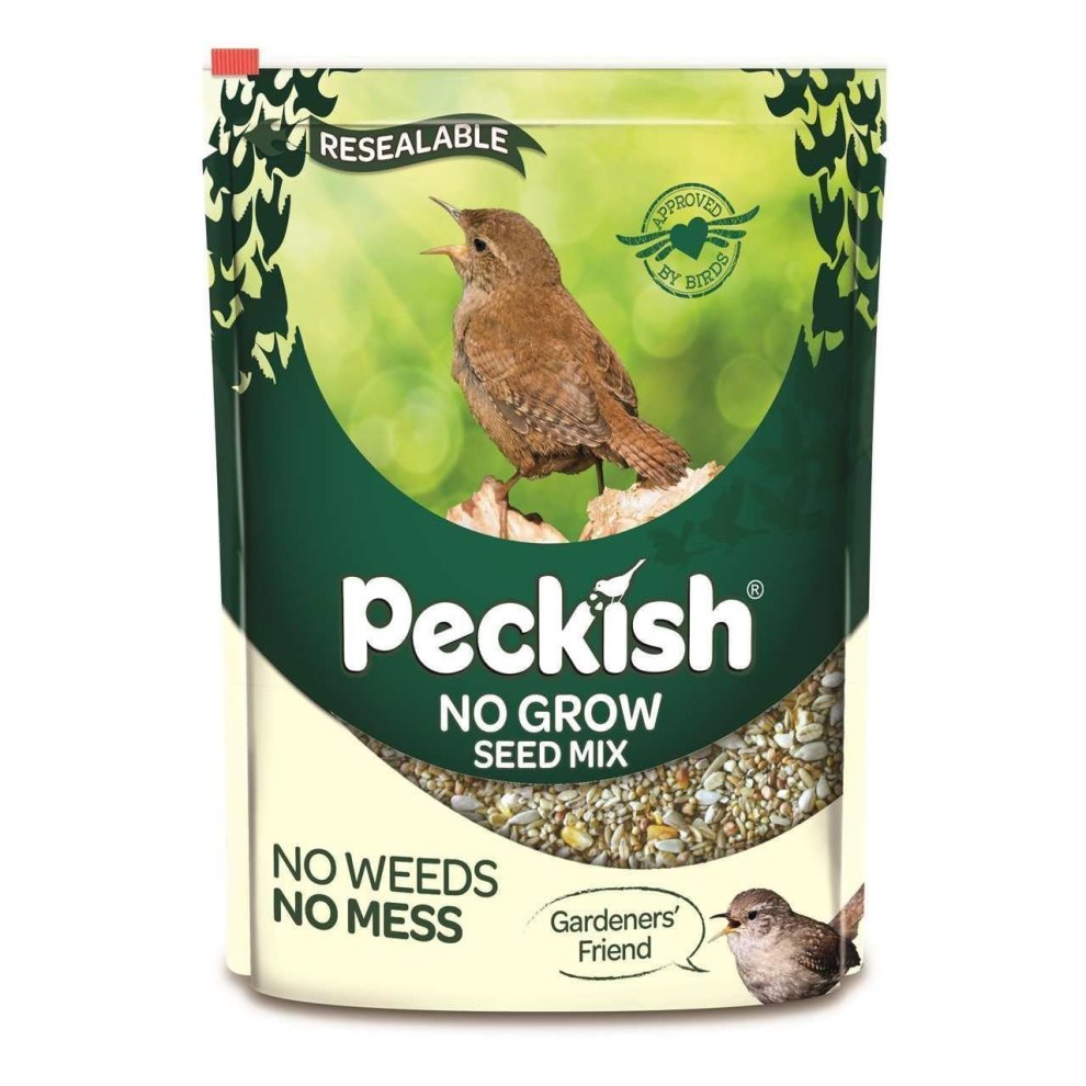 Resealable 1.7kg bag of Peckish No Grow seed mix featuring a brown bird on the front, with green and beige colors, labeled "No Weeds No Mess" and "Gardeners' Friend."