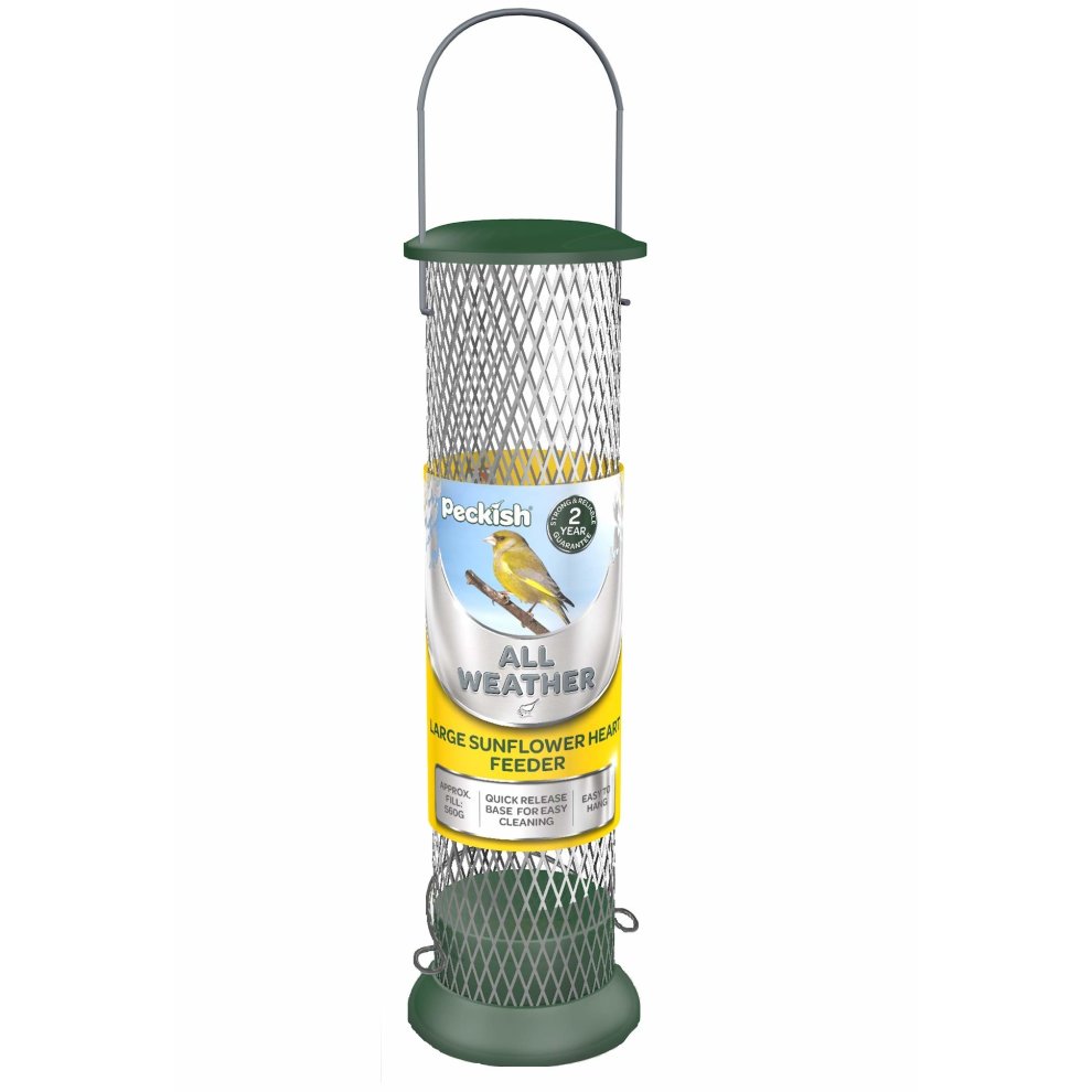 Stainless steel sunflower hearts feeder with a green base and top, featuring a mesh design for all-weather use, labeled "Peckish All Weather" in bright yellow and white.