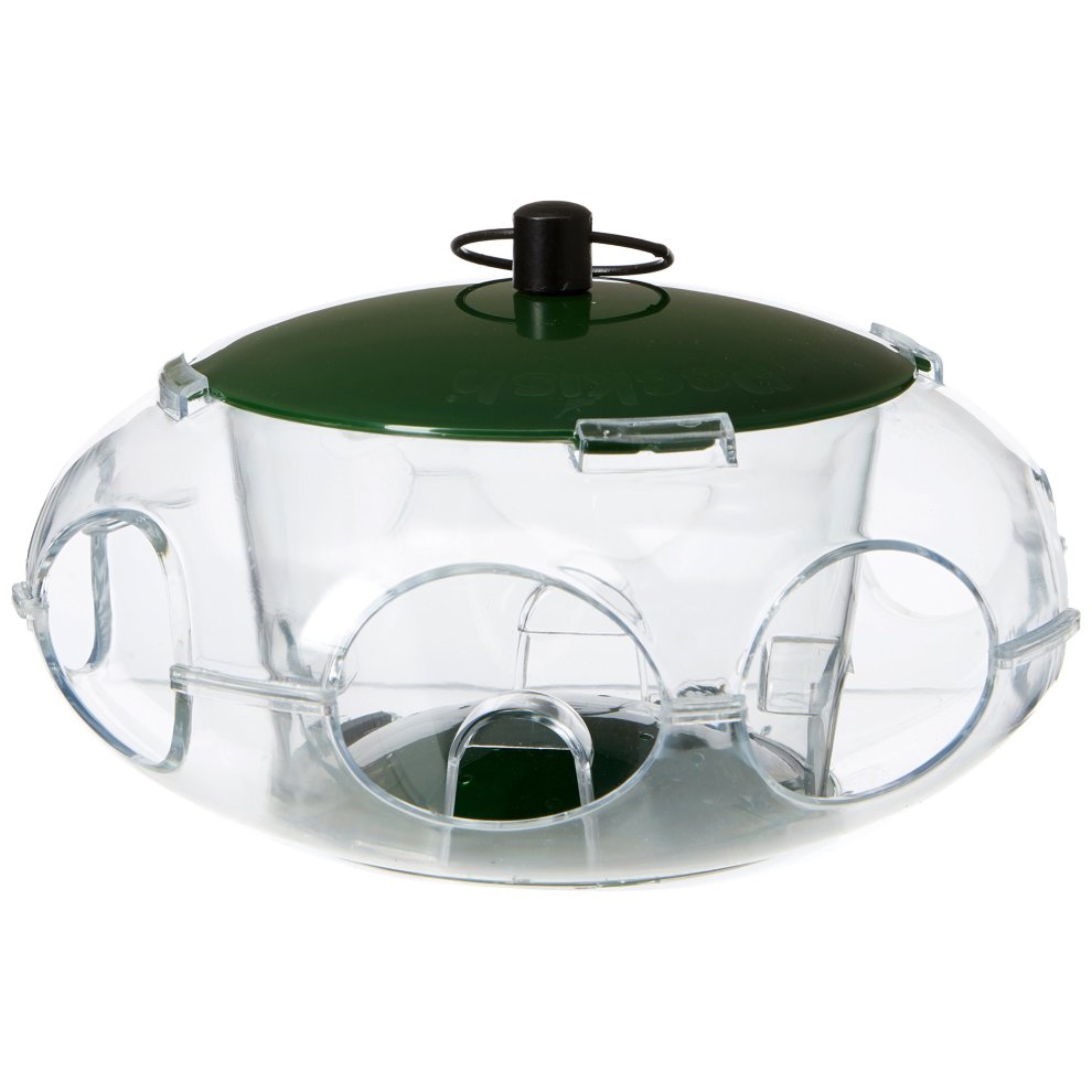 Green Peckish small bird feeder with a transparent plastic body, circular shape, three feeding ports, and a black metal handle on top for easy hanging.