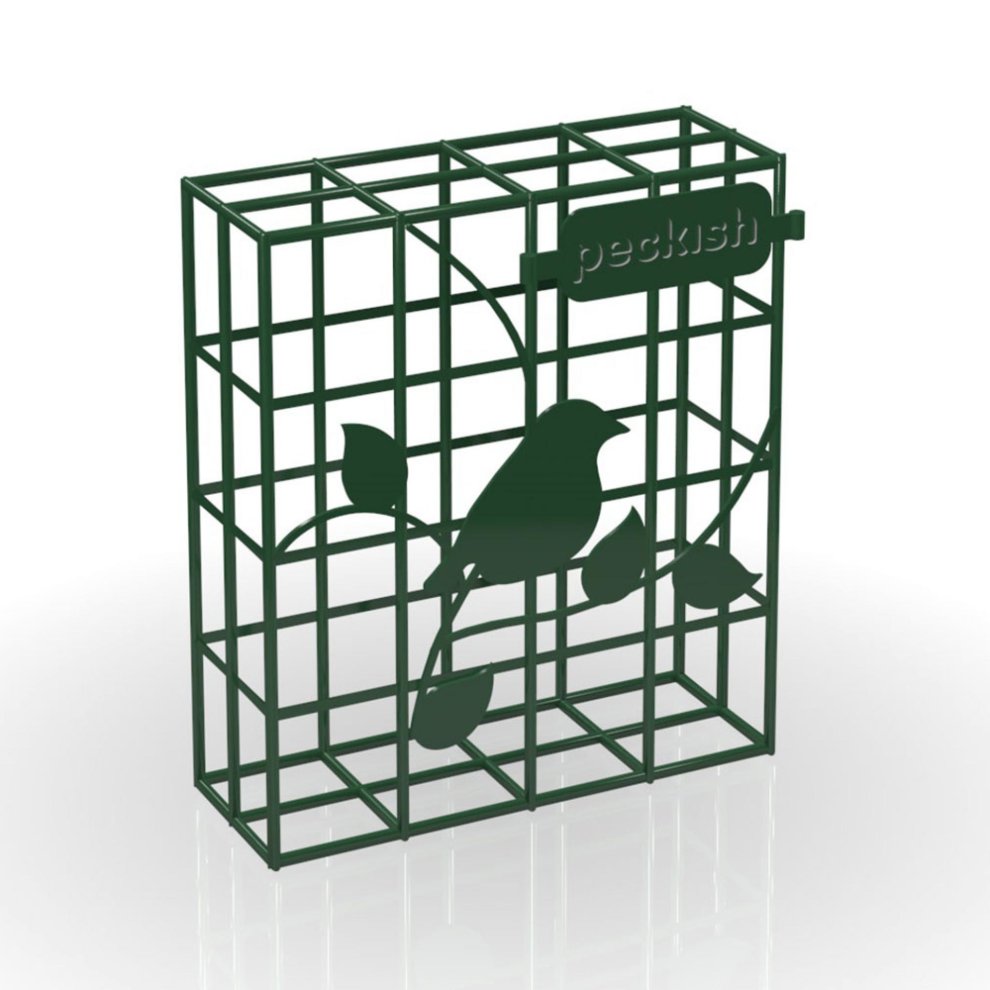 Green metal bird feeder with a grid design, featuring a silhouette of a bird and leaves, labeled "peckish" on the top.
