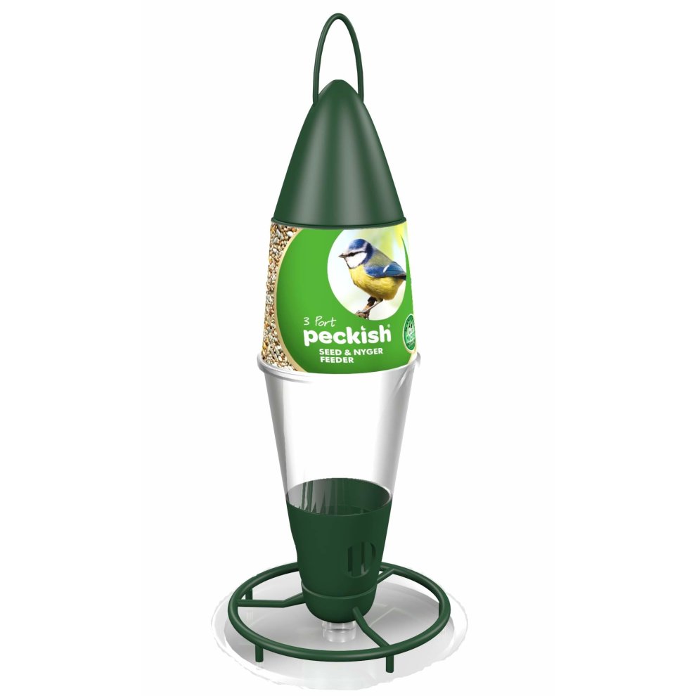 Green and transparent plastic seed feeder with three feeding ports, featuring a pointed top and a circular base, designed for attracting birds.