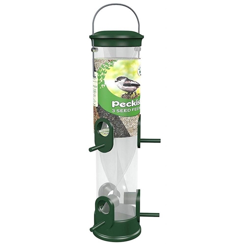 Tall, transparent tube bird feeder with a green metal base and cap, featuring three feeding ports and a handle for hanging, labeled "Peckish 3 Seed Feeder."