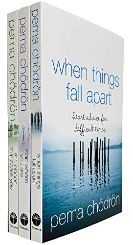 Three book spines in a collection featuring titles by Pema Chodron, with a serene blue cover design and images of water and wooden posts, showcasing a calming aesthetic.
