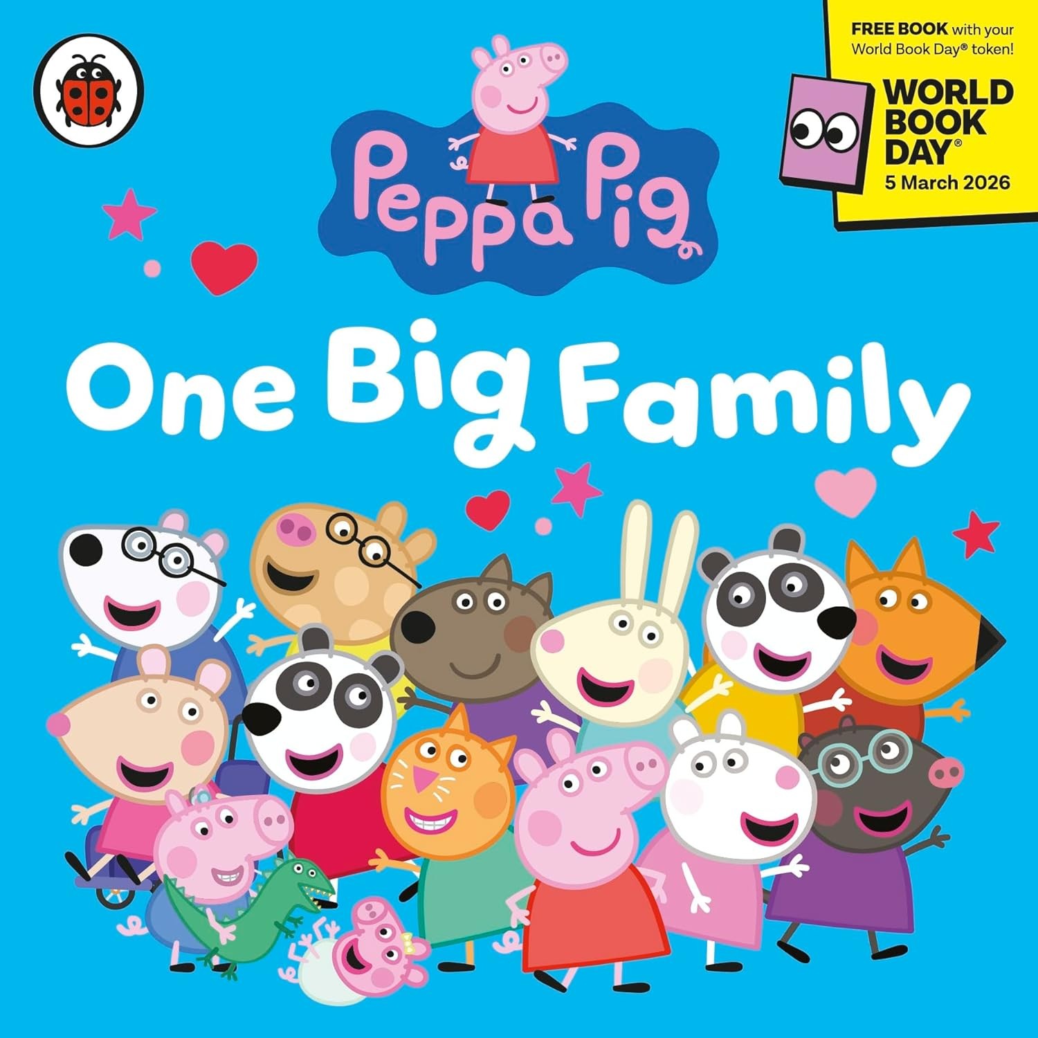 Colorful paperback book cover featuring Peppa Pig and friends in a cheerful group, with a bright blue background and the title "One Big Family" prominently displayed.
