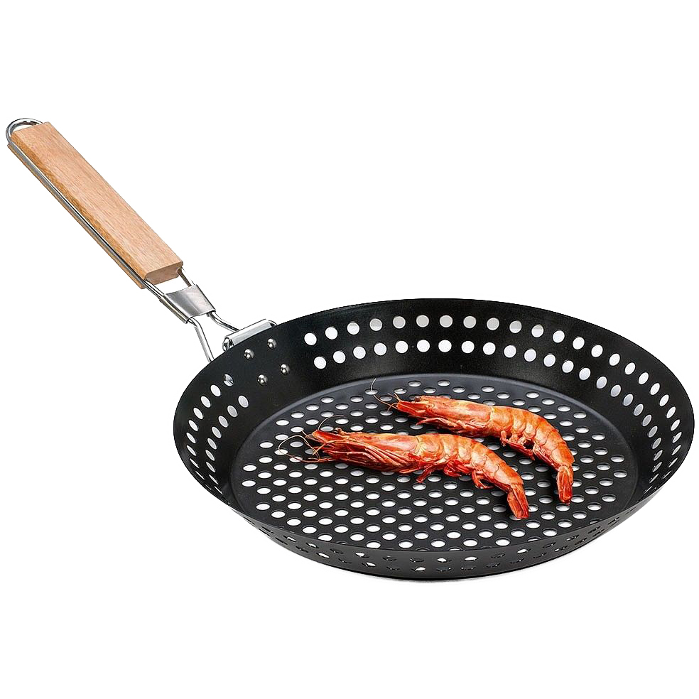 Black perforated BBQ pan with a wooden handle, featuring grilled shrimp inside, designed for outdoor cooking and grilling.
