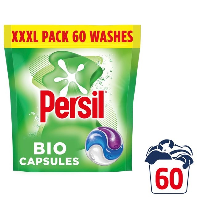 Green and yellow packaging of Persil XXXL 3in1 Laundry Washing Capsules, featuring a blue and purple capsule design, labeled for 60 washes, with "BIO" prominently displayed.