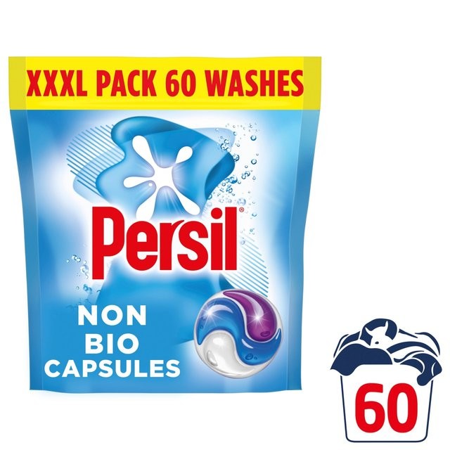 Bright blue packaging with a yellow top, featuring the Persil logo and "Non Bio Capsules" text, indicating 60 washes, alongside an illustration of a washing capsule.