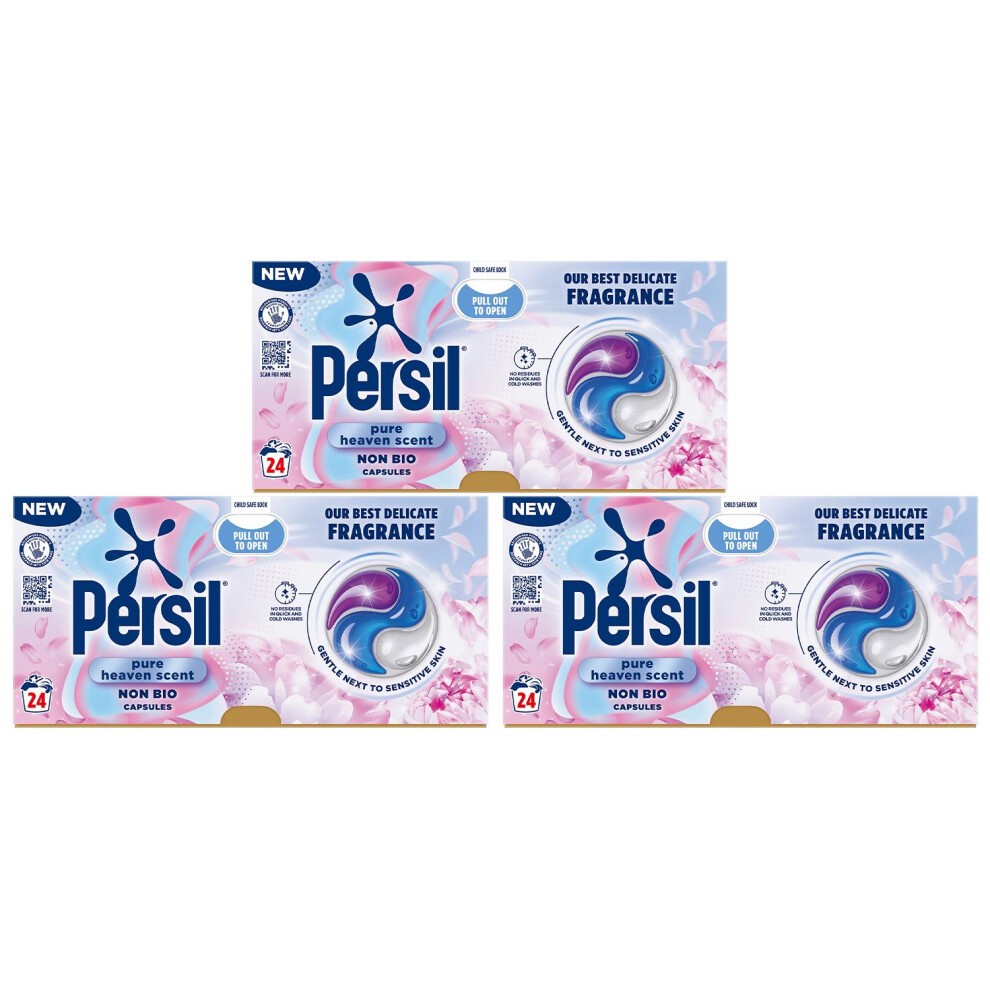 Persil Non Bio Washing Capsules in a blue and pink box, featuring a swirl design, labeled "Pure Heaven Scent," with 24 washes per pack and three packs displayed together.