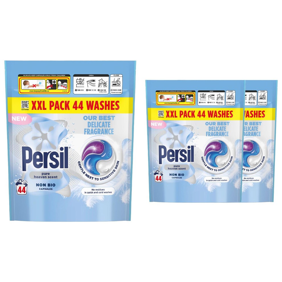Persil XXL Non-Bio Washing Capsules in a light blue package, featuring a swirl design, labeled for 44 washes, with three packs displayed together, emphasizing the "Pure Heaven Scent."