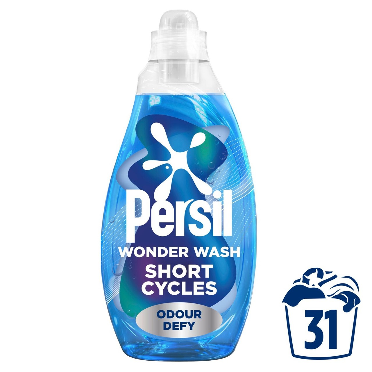 Persil Wonder Wash Bio Liquid Laundry Odour Defy in a transparent blue bottle with a flip-top cap, featuring a white logo and claims for short cycles and 31 washes.