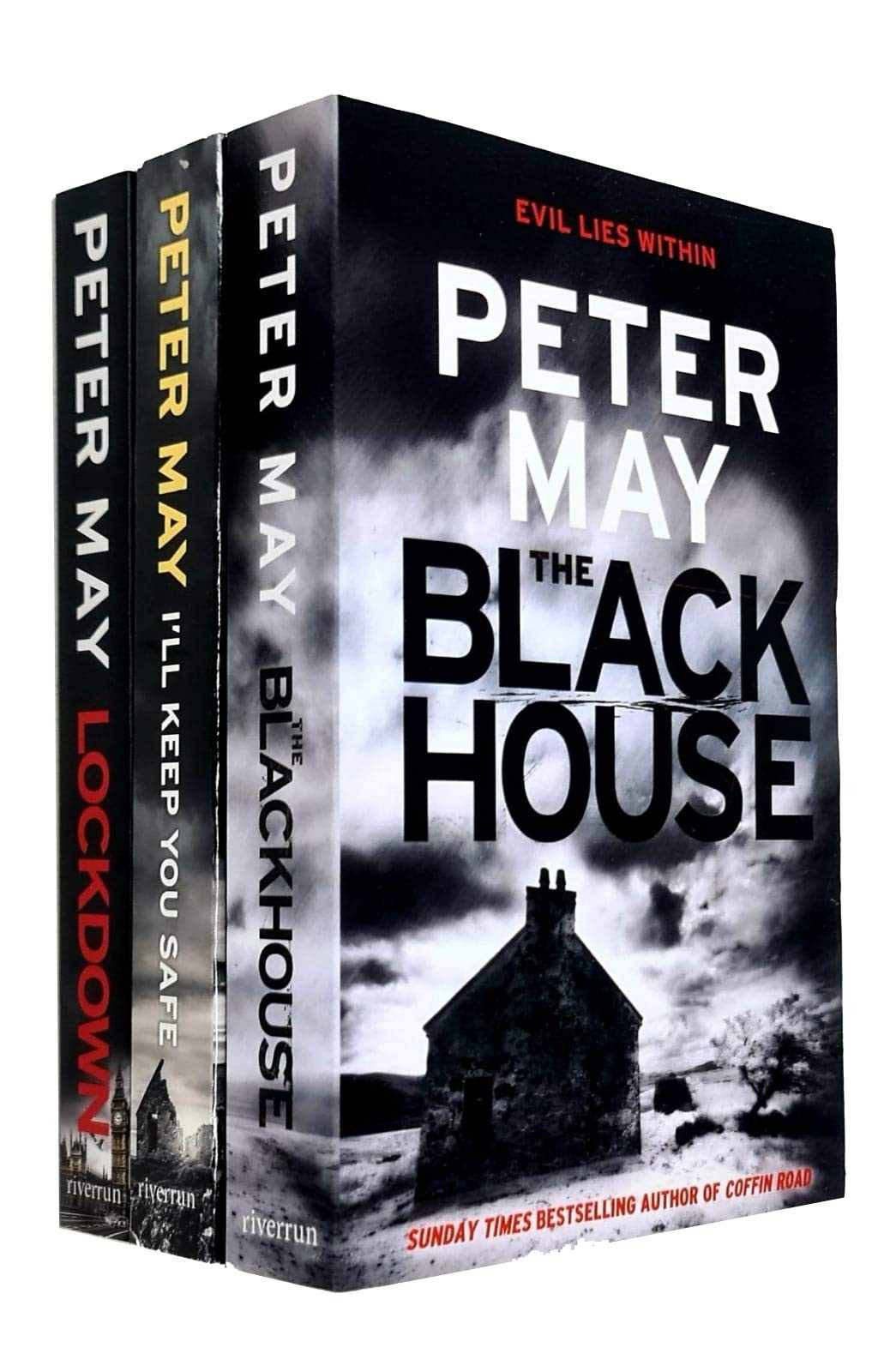 Three paperback books by Peter May, featuring titles "The Blackhouse," "I'll Keep You Safe," and "Lockdown," with dark covers and bold white text, showcasing a moody, atmospheric design.