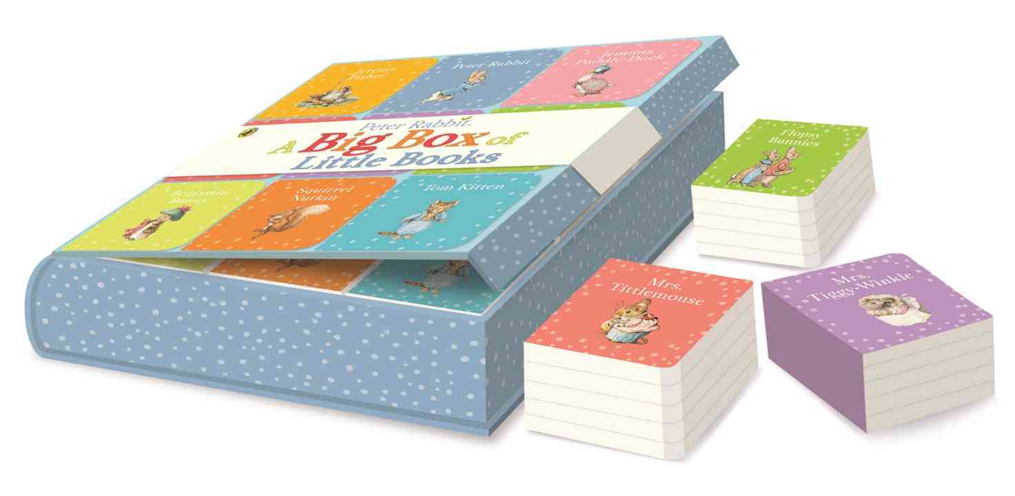 A colorful box set featuring "Peter Rabbit: A Big Box of Little Books" with eight small, illustrated books in pastel colors, showcasing classic Beatrix Potter characters.