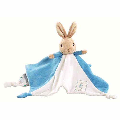 Soft comforter featuring a plush Peter Rabbit head with long ears, a blue and white blanket body, and a small tag with a bunny illustration.
