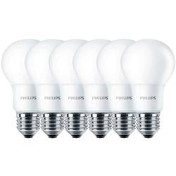 Six Philips LED light bulbs in a classic globe shape, each with a white frosted glass finish and a silver E27 base, designed to replace 60W incandescent bulbs.