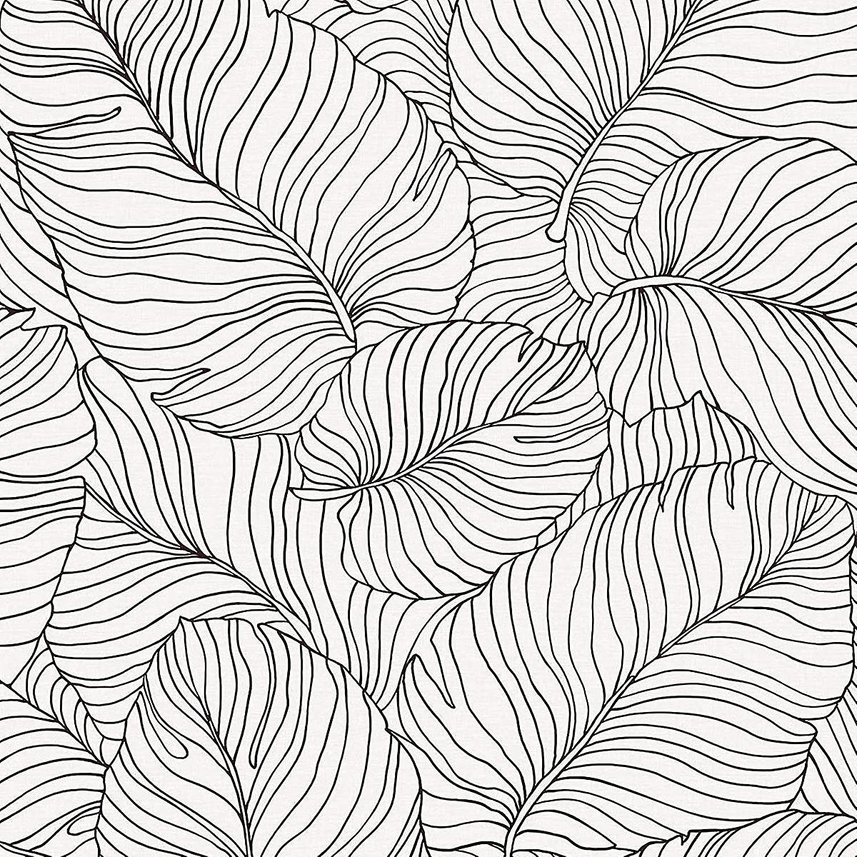 Textured vinyl wallpaper featuring a black and white leaf pattern with intricate line detailing on a light background.