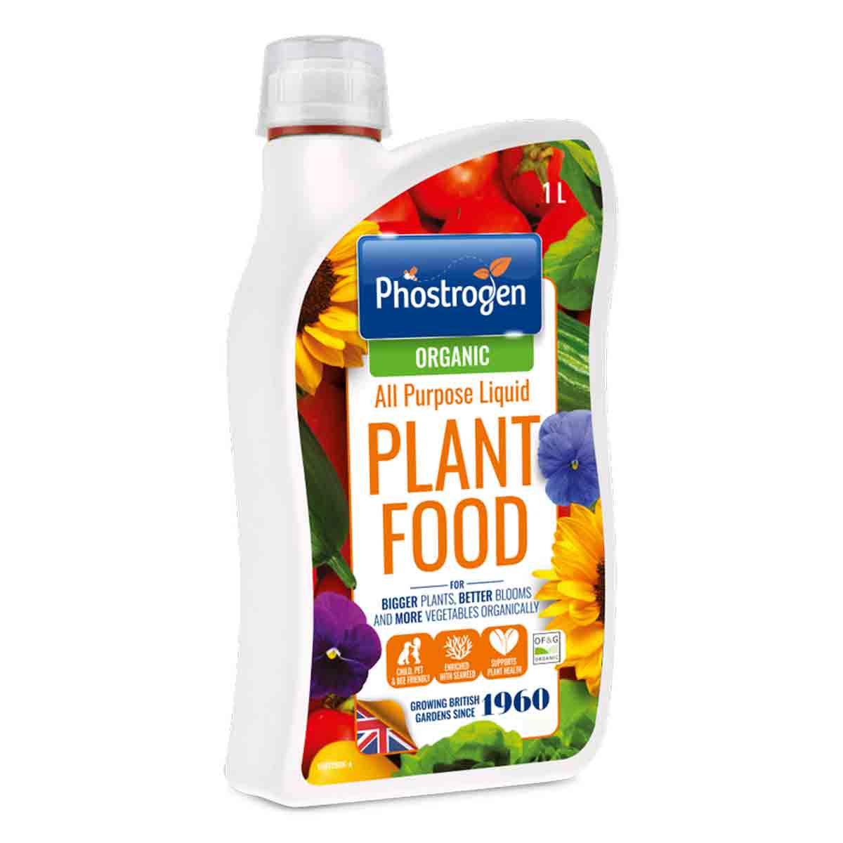 Phostrogen Organic All Purpose Liquid Plant Food 1L in a white plastic bottle, featuring a colorful label with flowers and a green logo, emphasizing organic gardening.