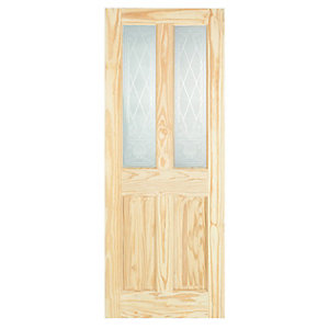 Light glazed internal door made of pine, featuring two rectangular glass panels with a diamond pattern, and a traditional Victorian design, measuring 1981mm x 686mm x 35mm.
