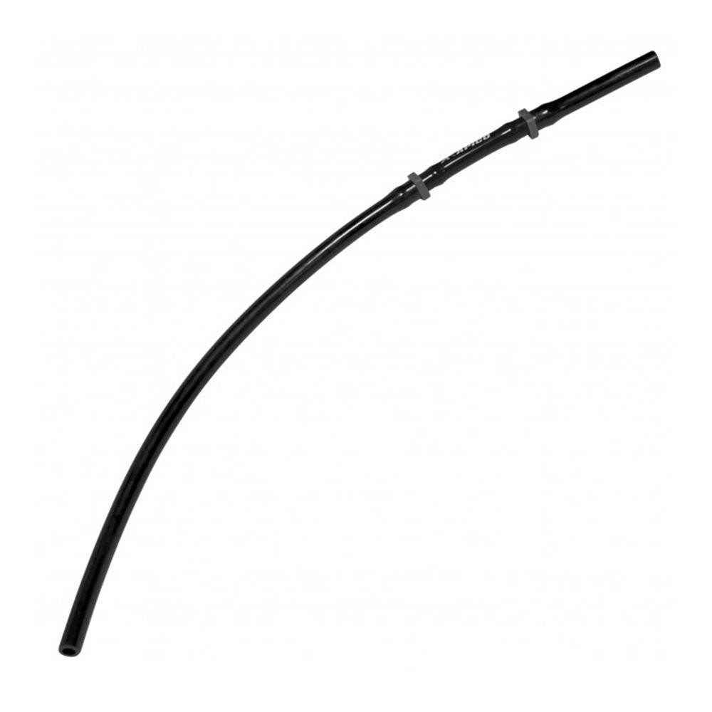 Curved black breather pipe made of durable material, featuring a one-way valve and secured with two clamps, designed for efficient ventilation.