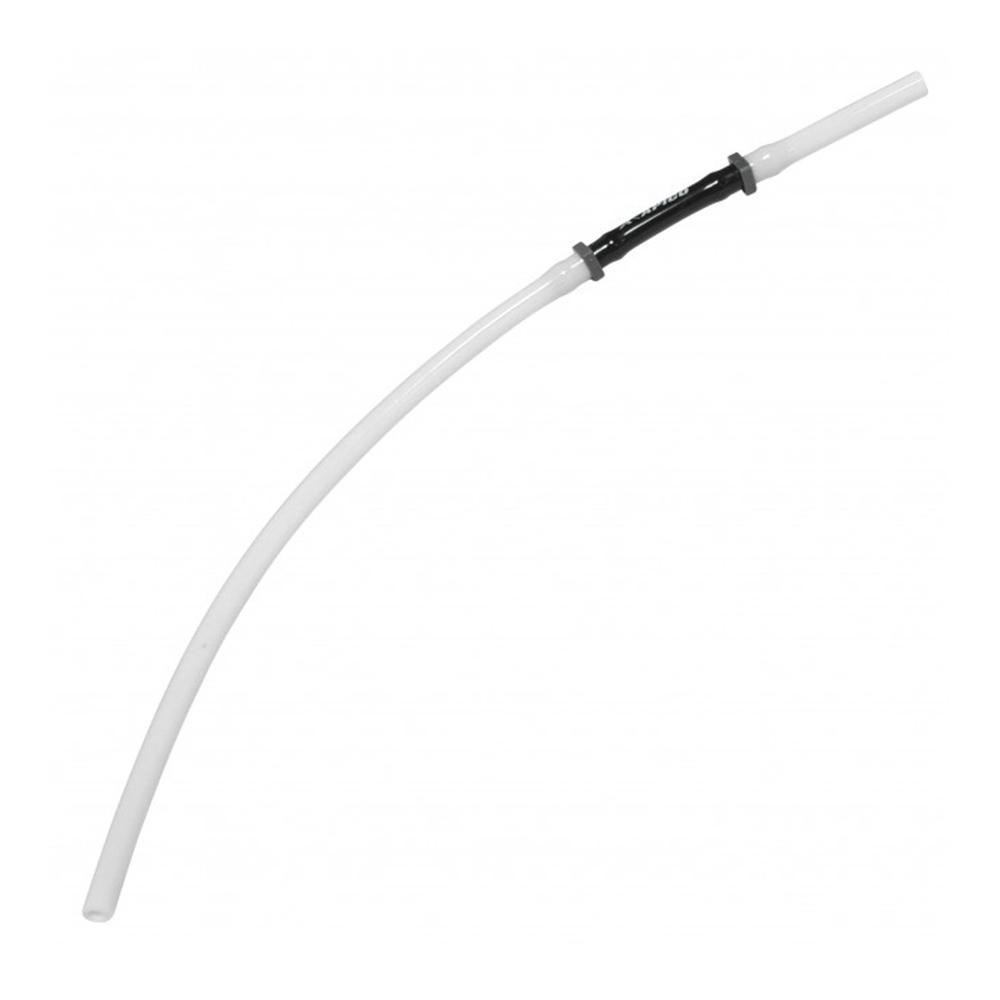 White long breather pipe with a one-way valve, featuring a black connector in the middle, designed for efficient ventilation in automotive applications.