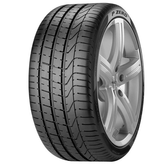 Black high-performance summer tire with a sleek tread pattern, labeled "P Zero," featuring a wide profile and mounted on a silver alloy wheel.
