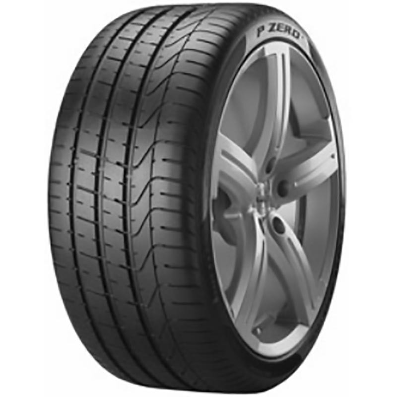 Black high-performance tire with a sleek tread pattern, labeled "P Zero," featuring rim protection and mounted on a silver alloy wheel.