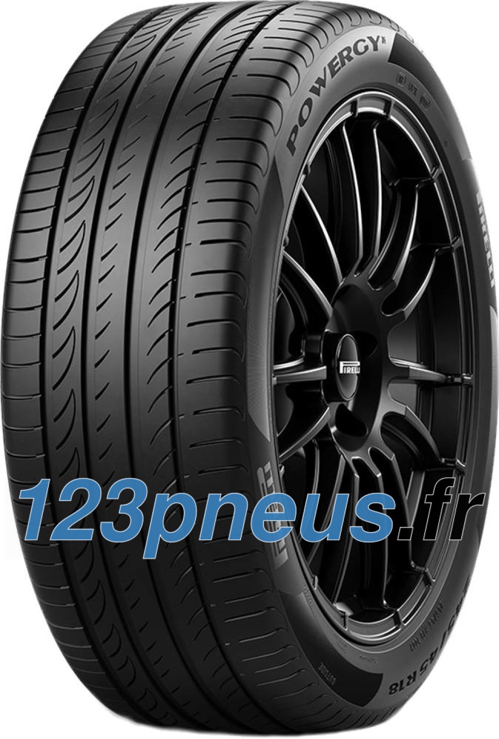 Black Pirelli Powergy tire (205/40 R17 84W XL) featuring a sleek tread pattern, rim protection (MFS), and a stylish black alloy wheel design.