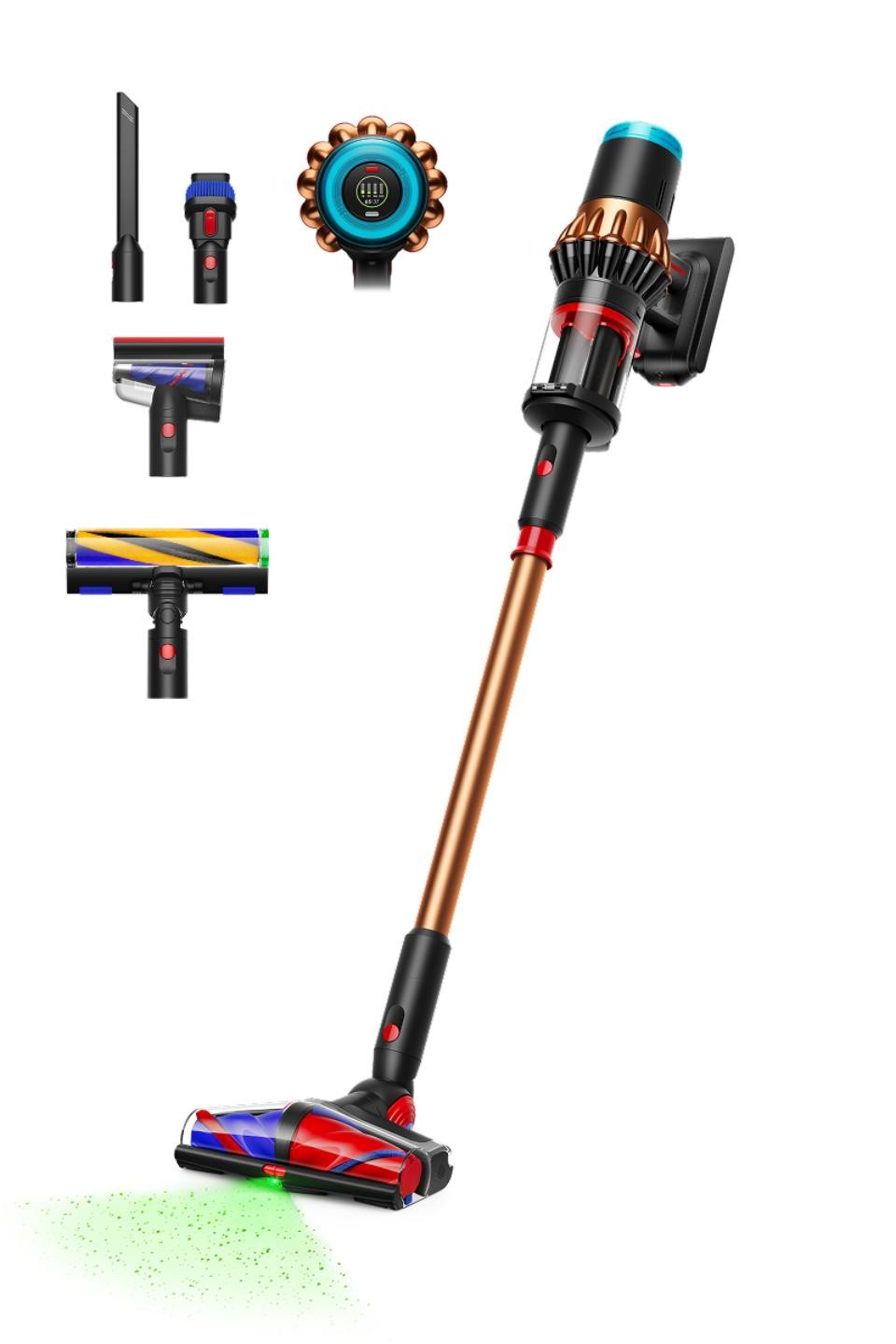 Dyson V16 Piston Animal cordless vacuum in red and black with a copper accent, featuring a motorized cleaner head, multiple attachments, and a green laser for detecting hidden dust.