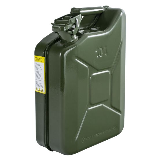 Green 10-litre Jerry can with a sturdy handle, featuring a secure spout cap and a warning label, designed for durability and easy transport.