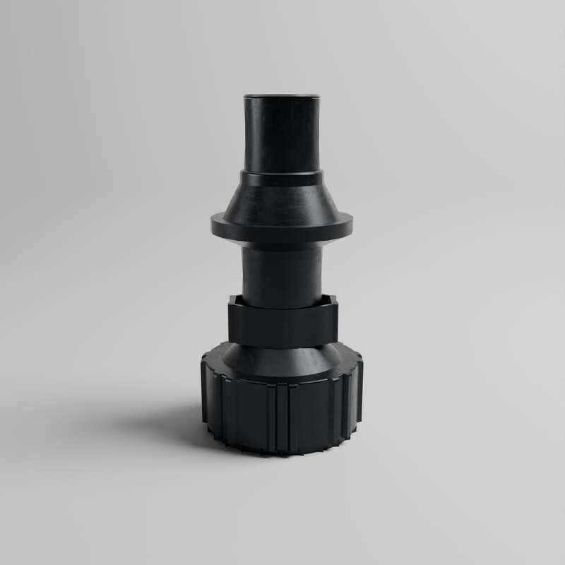 Black plastic TUFFJUG Ripper Cap G3 designed for 5-gallon/20-liter jugs, featuring a ribbed base and a smooth, tapered neck for secure attachment.