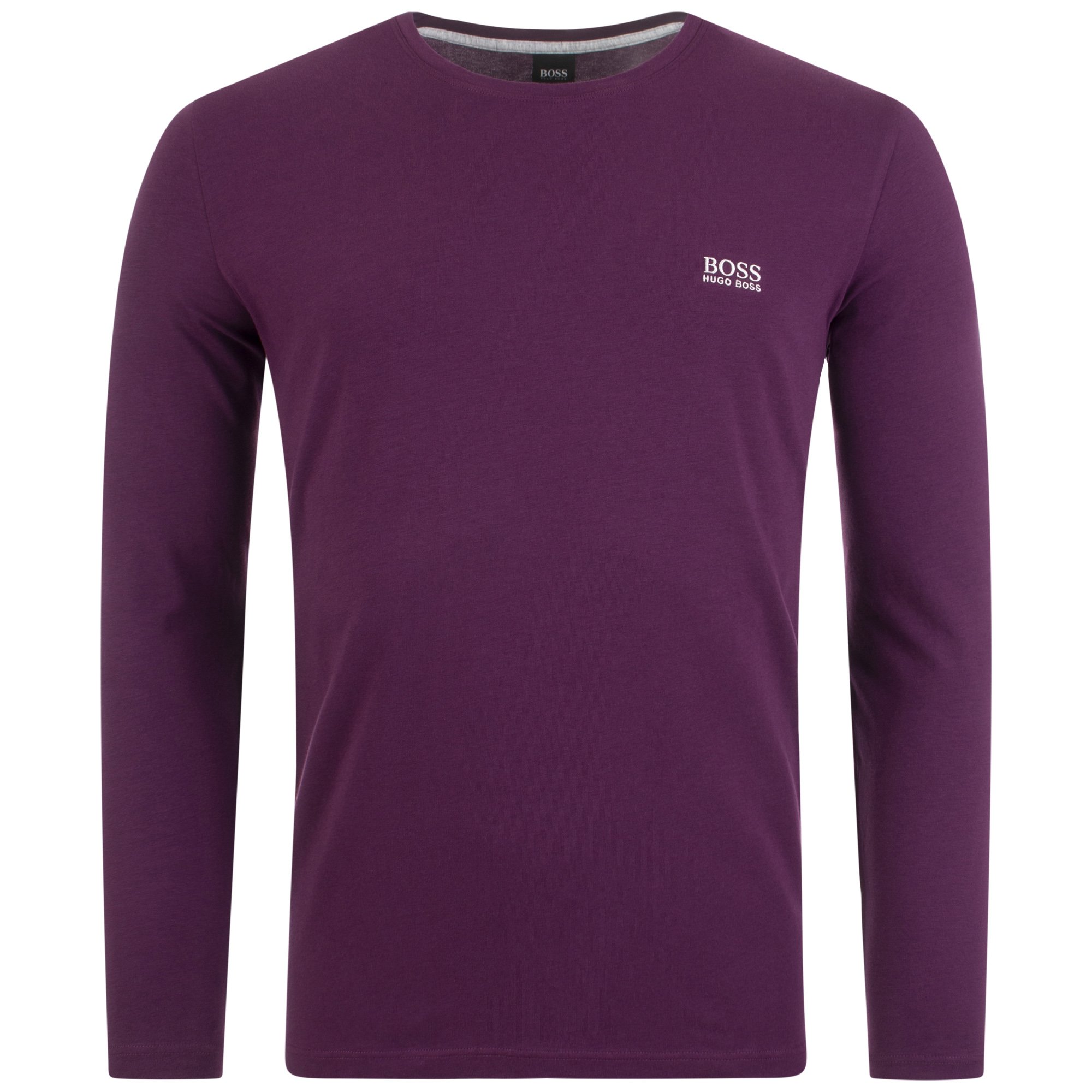 Long-sleeved top in dark purple with a round neckline, featuring a small white BOSS logo on the chest, made from soft, comfortable material.