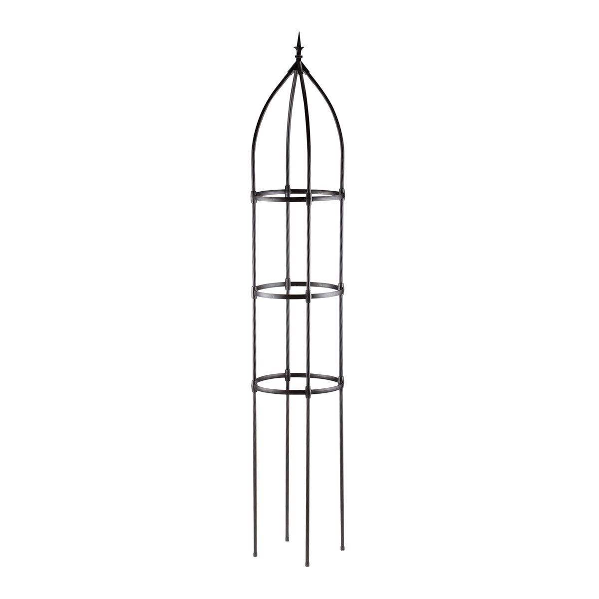 Tall black metal garden obelisk with a pointed top and three circular tiers, designed for supporting climbing plants in outdoor spaces.