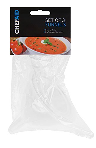 Three white plastic funnels in a pack, designed for kitchen use, featuring varying sizes for versatile pouring and a hanging hole for easy storage.