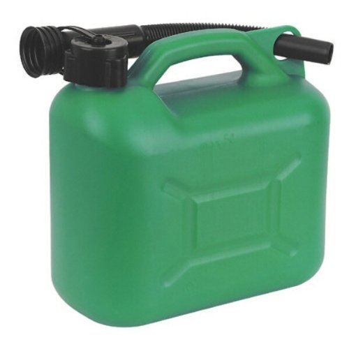 Green plastic 5L fuel jerry can by Vivo, featuring a sturdy handle, a black spout for pouring, and a textured surface for grip.