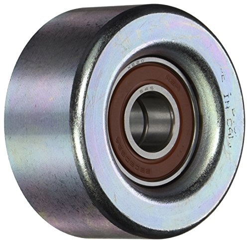 Silver metal idler pulley with a smooth surface and a brown inner bearing, featuring a shiny, reflective finish and marked with "Gates 36301" and "Active Sport."