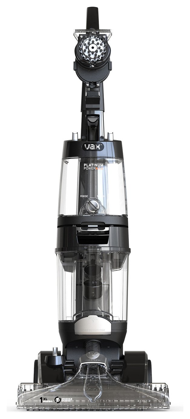 Black Vax ECB1SPV1 Platinum Power Max Carpet Cleaner features a transparent water tank, sturdy handle, and multiple cleaning modes for effective carpet maintenance.