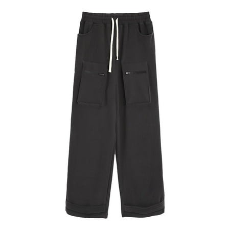 Black loose-fitting work pants with wide legs, featuring multiple utility pockets, a drawstring waistband, and zipper details, made from durable material, size L.