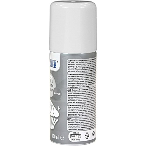 Silver edible lustre spray icing colour in a 100ml aerosol can, featuring a sleek silver cap and a detailed label with usage instructions and ingredients.
