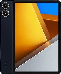 Xiaomi Poco Pad in blue with a sleek design, featuring a large 12.1-inch display, dual rear cameras, and a modern geometric pattern on the back.